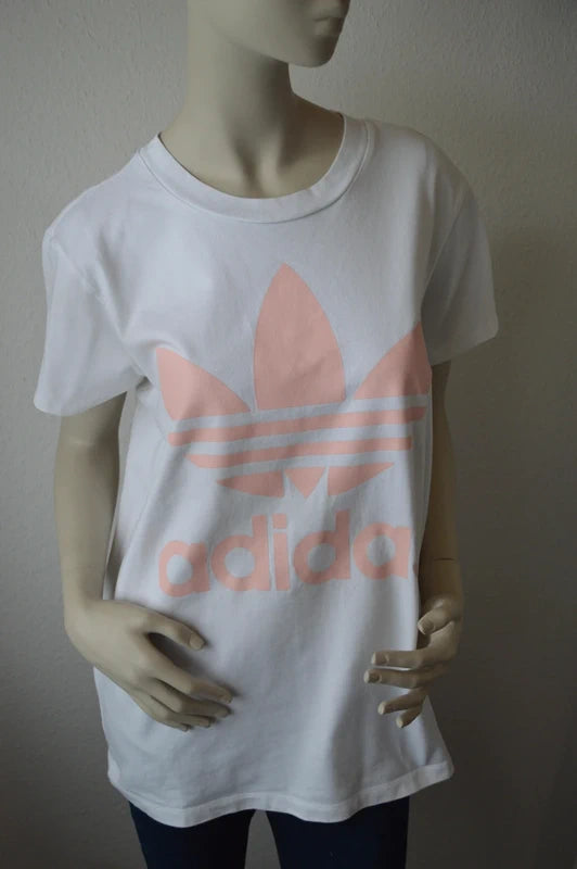 Adidas Originals – Damen "Big Trefoil" T-Shirt in Weiß / Pastellrosa – Gr. S (Oversized / Gr. 10)