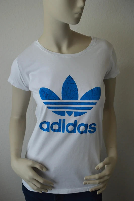 Adidas Originals – Damen Trefoil T-Shirt in Weiß / Königsblau – Gr. M (Used / Vintage-Zustand)