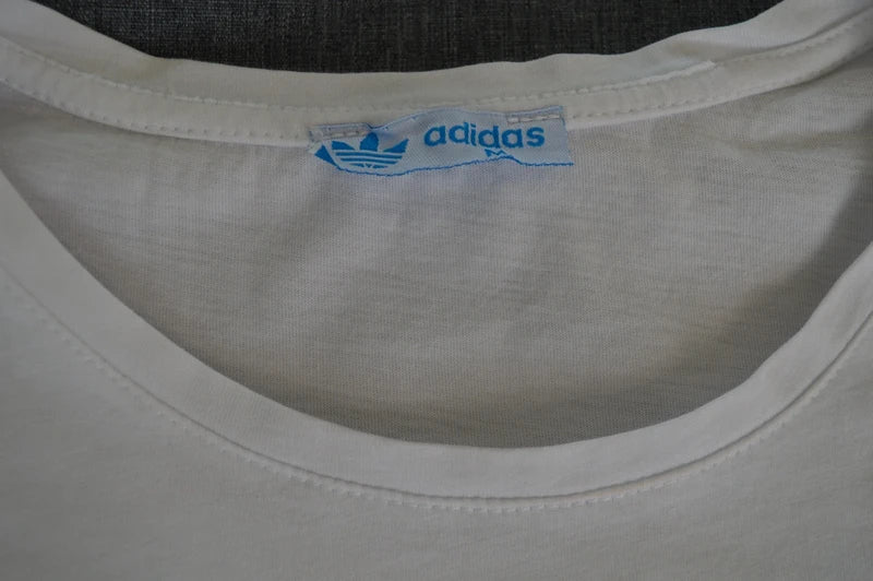 Adidas Originals – Damen Trefoil T-Shirt in Weiß / Königsblau – Gr. M (Used / Vintage-Zustand)