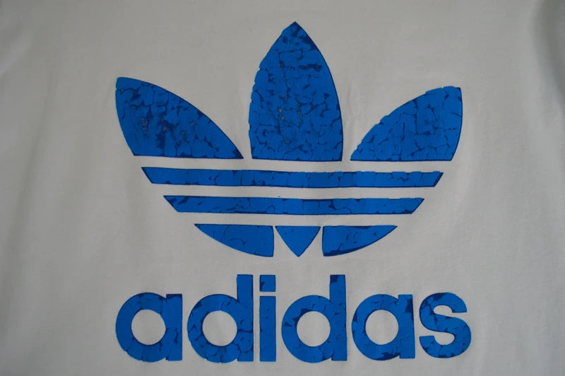 Adidas Originals – Damen Trefoil T-Shirt in Weiß / Königsblau – Gr. M (Used / Vintage-Zustand)