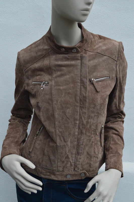 Authentic Clothing Co. Wildleder Bikerjacke „Candle“ mit Floral-Futter – Taupe/Camel – Gr. 38 – Sehr gut