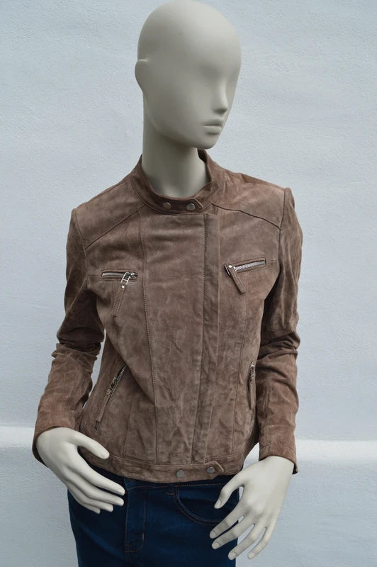 Authentic Clothing Co. Wildleder Bikerjacke „Candle“ mit Floral-Futter – Taupe/Camel – Gr. 38 – Sehr gut