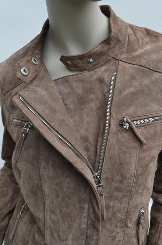 Authentic Clothing Co. Wildleder Bikerjacke „Candle“ mit Floral-Futter – Taupe/Camel – Gr. 38 – Sehr gut