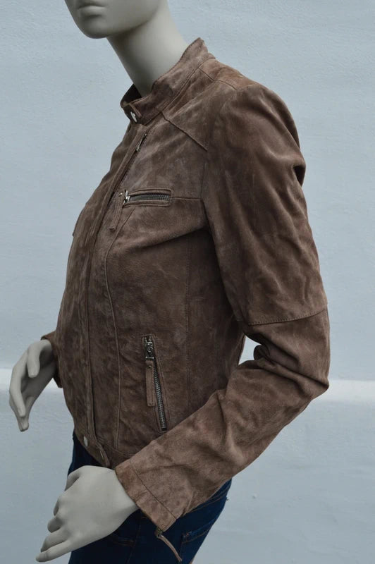Authentic Clothing Co. Wildleder Bikerjacke „Candle“ mit Floral-Futter – Taupe/Camel – Gr. 38 – Sehr gut