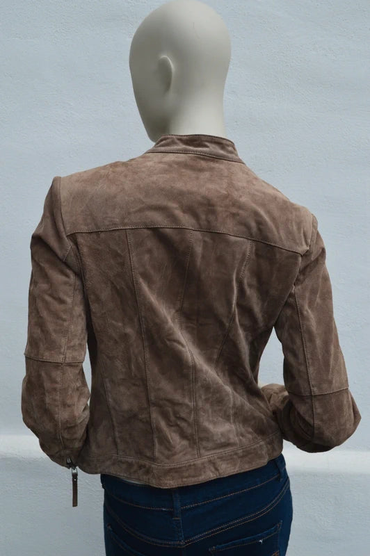 Authentic Clothing Co. Wildleder Bikerjacke „Candle“ mit Floral-Futter – Taupe/Camel – Gr. 38 – Sehr gut