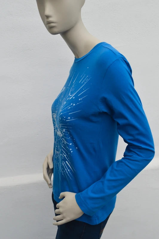 Benetton Damen Langarmshirt "Explore Your Mind" in Azurblau – Gr. S (geschätzt)