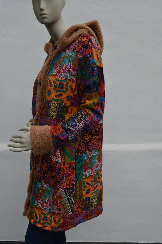 Bunter Boho Patchwork Kapuzenmantel mit Teddy-Fleece – Gr. 1XL (XL) – Sehr guter Zustand