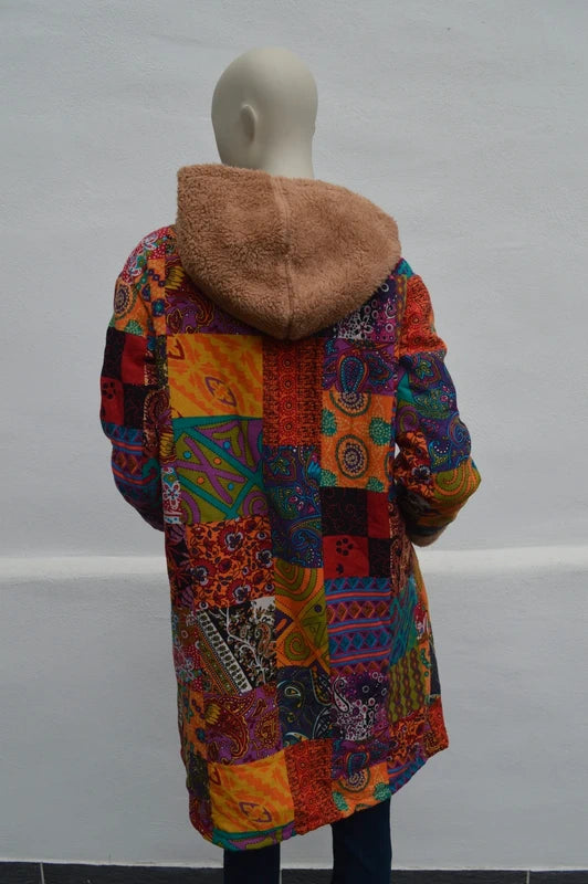 Bunter Boho Patchwork Kapuzenmantel mit Teddy-Fleece – Gr. 1XL (XL) – Sehr guter Zustand