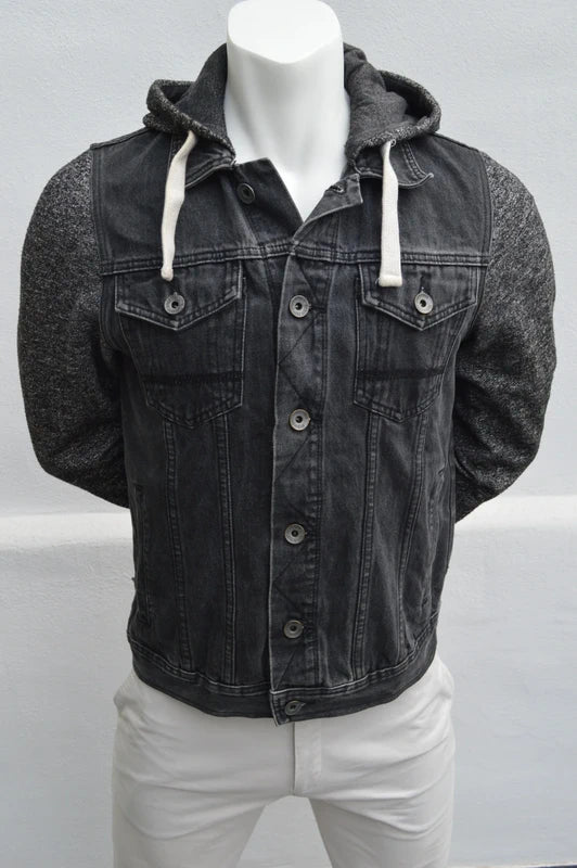 Burton Menswear 2-in-1 Hybrid-Jeansjacke mit Kapuze – Schwarz/Grau – Gr. M (Guter Zustand)