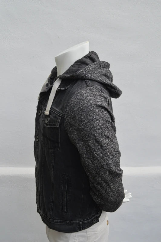 Burton Menswear 2-in-1 Hybrid-Jeansjacke mit Kapuze – Schwarz/Grau – Gr. M (Guter Zustand)