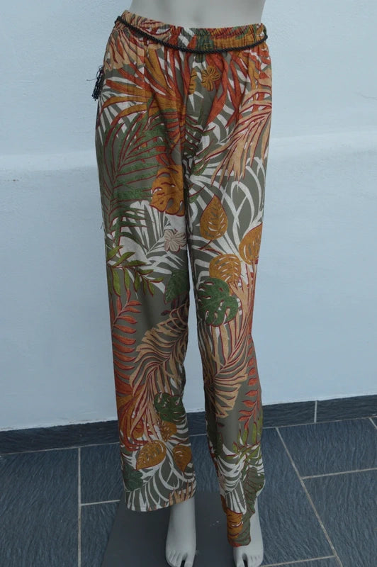 Cassis Damen Palazzo-Hose mit tropischem Palmen-Print in Khaki – Gr. XL (NWT)