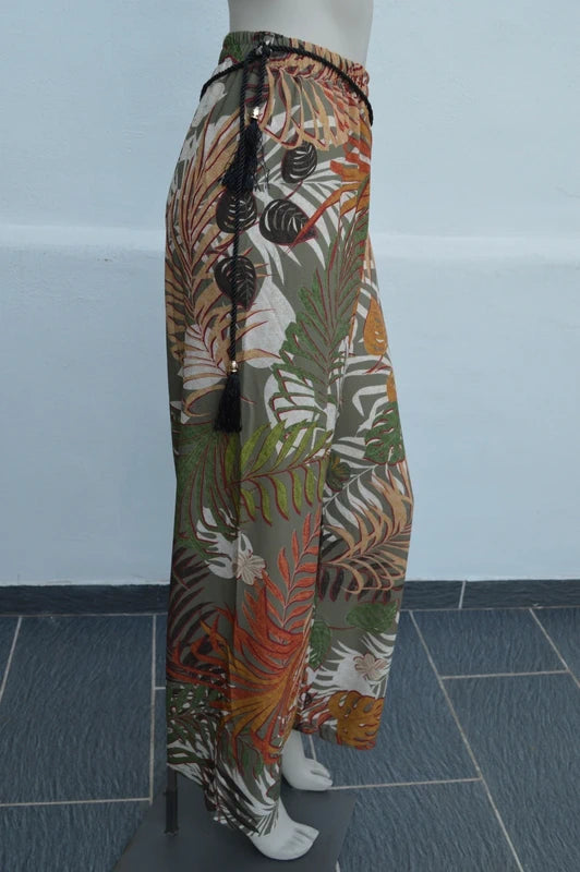 Cassis Damen Palazzo-Hose mit tropischem Palmen-Print in Khaki – Gr. XL (NWT)