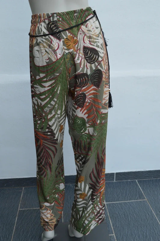 Cassis Damen Palazzo-Hose mit tropischem Palmen-Print in Khaki – Gr. XL (NWT)