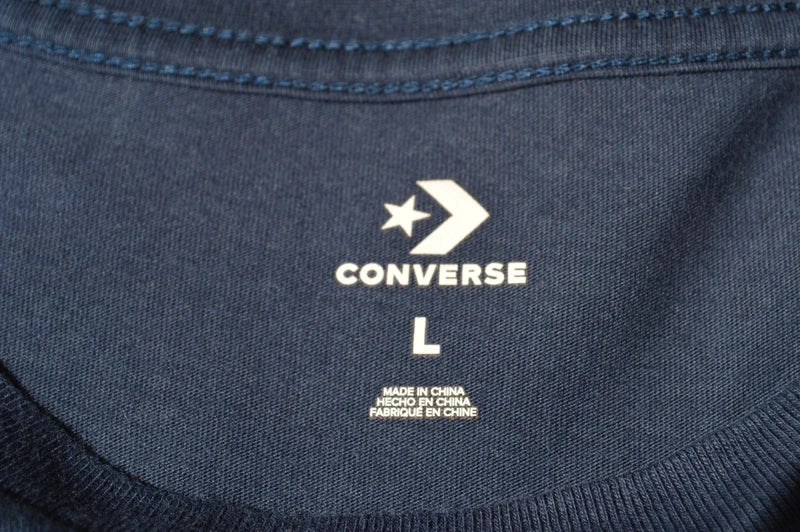 Converse Logo T-Shirt in Navy Blau mit gelbem Print & Stern-Stickerei – Gr. L