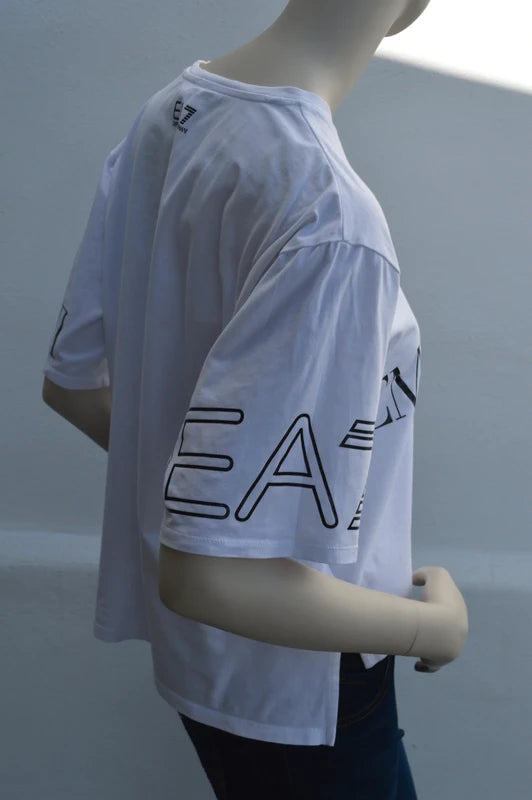 EA7 Emporio Armani – Damen Cropped T-Shirt in Weiß mit Ärmel-Prints – Gr. L (Stark getragen / Defekt- & Bastlerpreis)