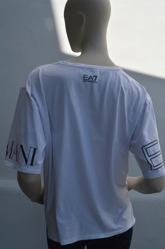EA7 Emporio Armani – Damen Cropped T-Shirt in Weiß mit Ärmel-Prints – Gr. L (Stark getragen / Defekt- & Bastlerpreis)