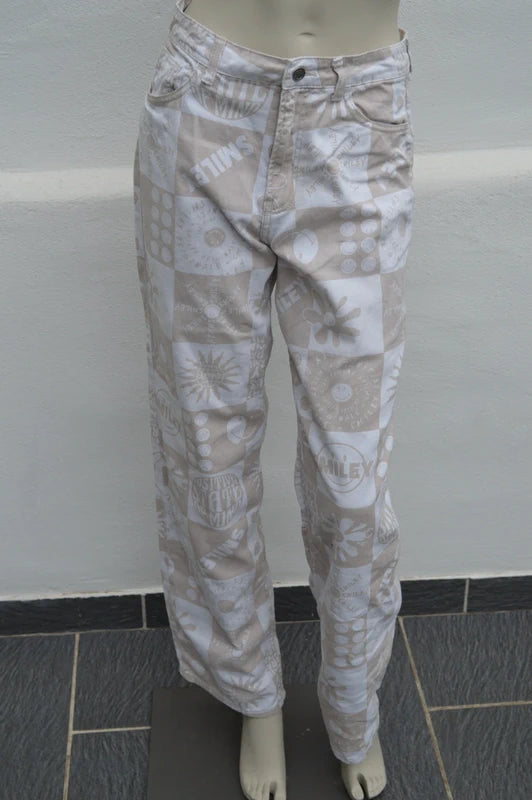 H&M x Smiley Damen High Waist Jeans mit Allover-Print in BeigeWeiß – Gr. 36