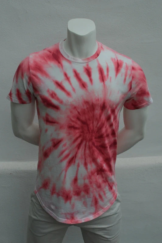 Hollister Herren Tie-Dye Curved Hem T-Shirt in WeißRot – Gr. M