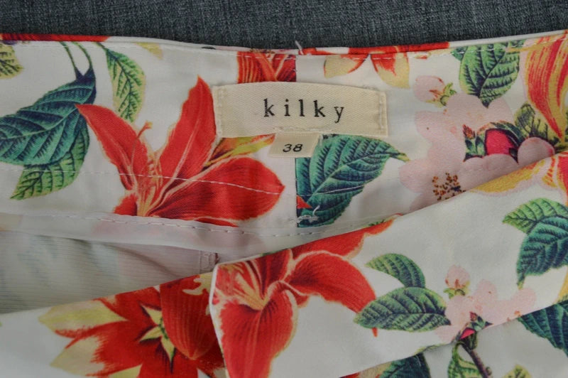Kilky Damen 78 Stretch-Hose mit floralem All-Over-Print in WeißRot – Gr. 38