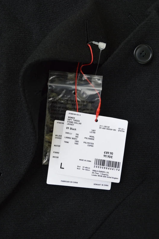 NWT Uniqlo x Ines de la Fressange Soft Tweed Stehkragen-Jacke in Schwarz – Gr. L