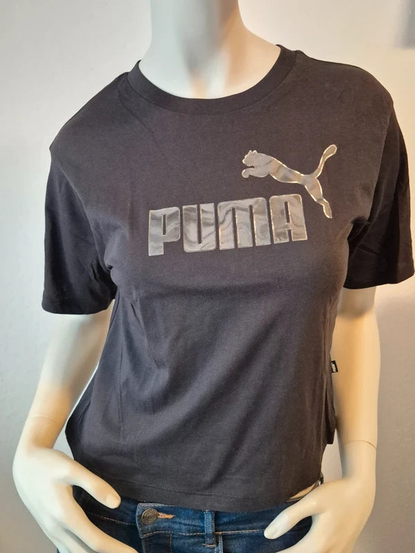 PUMA Damen Crop T-Shirt mit Metallic-Logo in Schwarz/Silber – Gr. S