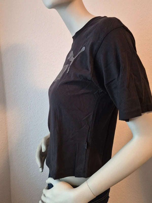 PUMA Damen Crop T-Shirt mit Metallic-Logo in Schwarz/Silber – Gr. S