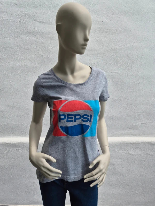 Pepsi – Damen Retro T-Shirt in Grau-Melange mit Vintage Cracked Print – Gr. M