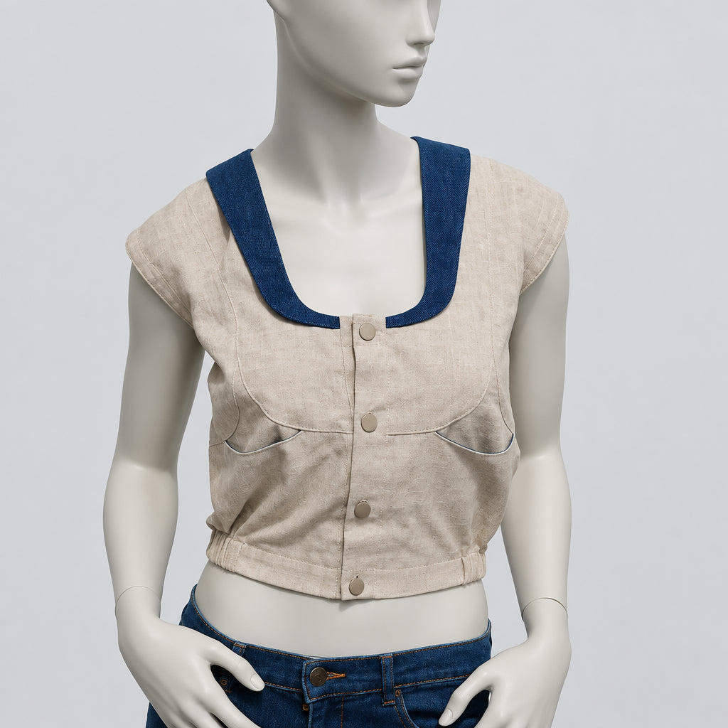 Rare 80s/90s Vintage Sailor Crop Bluse mit abnehmbarem Back-Pouch in Beige/Blau – Gr. S/M