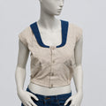 Rare 80s/90s Vintage Sailor Crop Bluse mit abnehmbarem Back-Pouch in Beige/Blau – Gr. S/M
