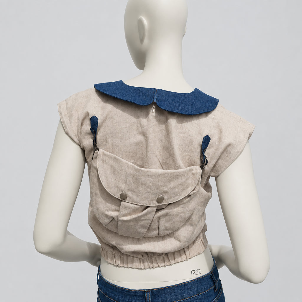 Rare 80s/90s Vintage Sailor Crop Bluse mit abnehmbarem Back-Pouch in Beige/Blau – Gr. S/M