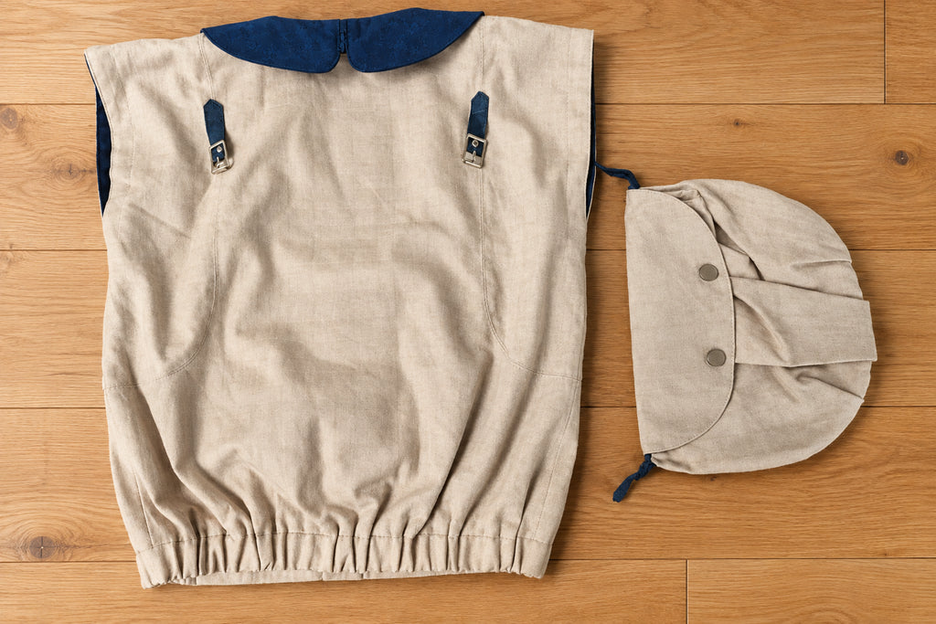 Rare 80s/90s Vintage Sailor Crop Bluse mit abnehmbarem Back-Pouch in Beige/Blau – Gr. S/M