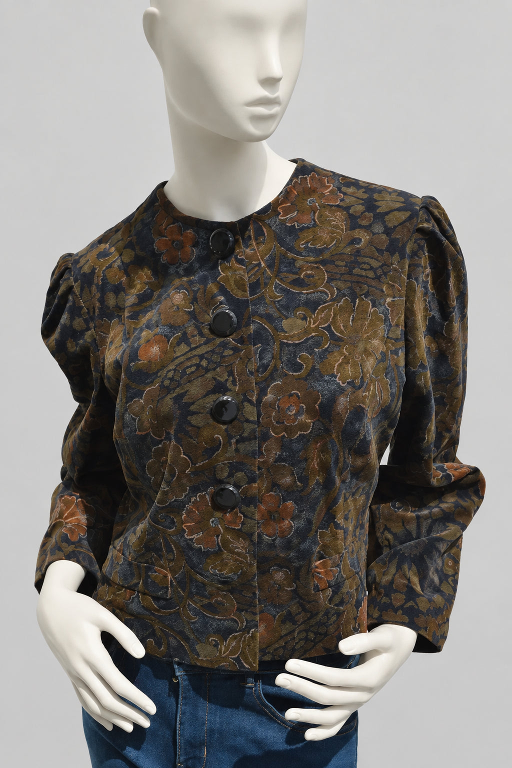 Rare 80s Léo Marciano Paris Vintage Samt-Crop-Jacke mit Puffärmeln und Barock-Muster – Gr. S/M