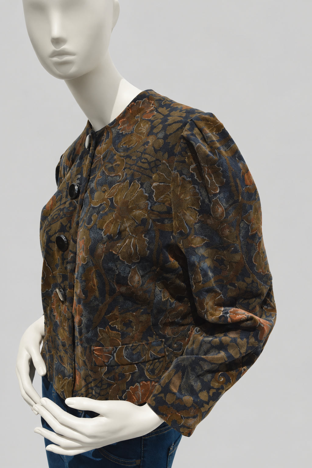 Rare 80s Léo Marciano Paris Vintage Samt-Crop-Jacke mit Puffärmeln und Barock-Muster – Gr. S/M