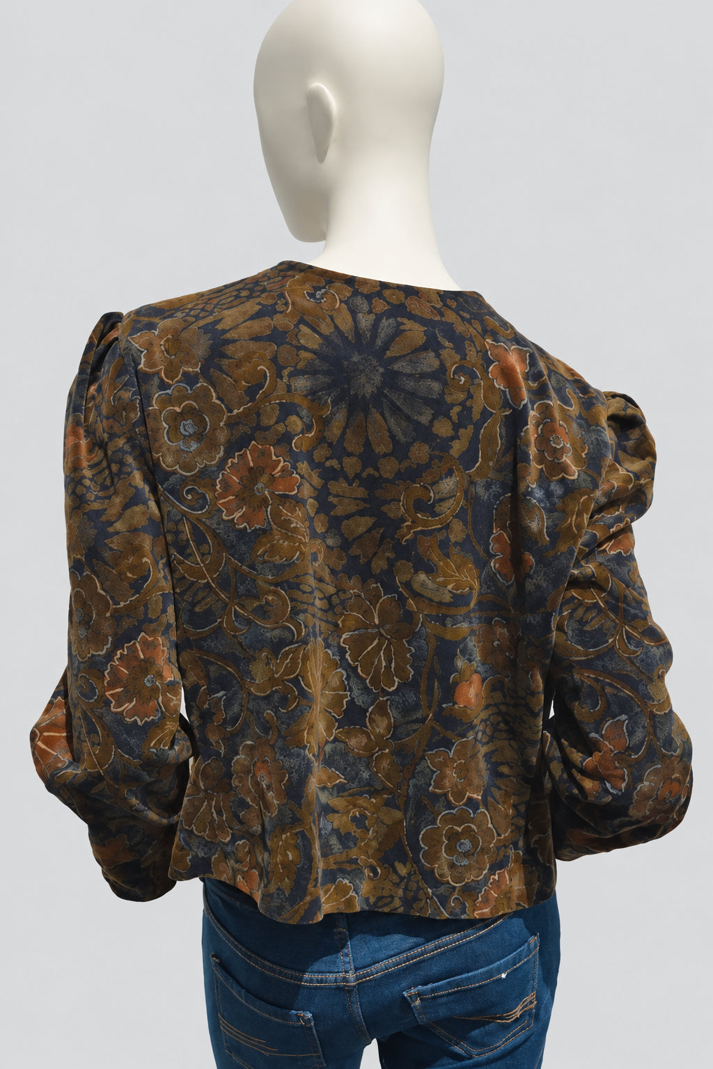 Rare 80s Léo Marciano Paris Vintage Samt-Crop-Jacke mit Puffärmeln und Barock-Muster – Gr. S/M