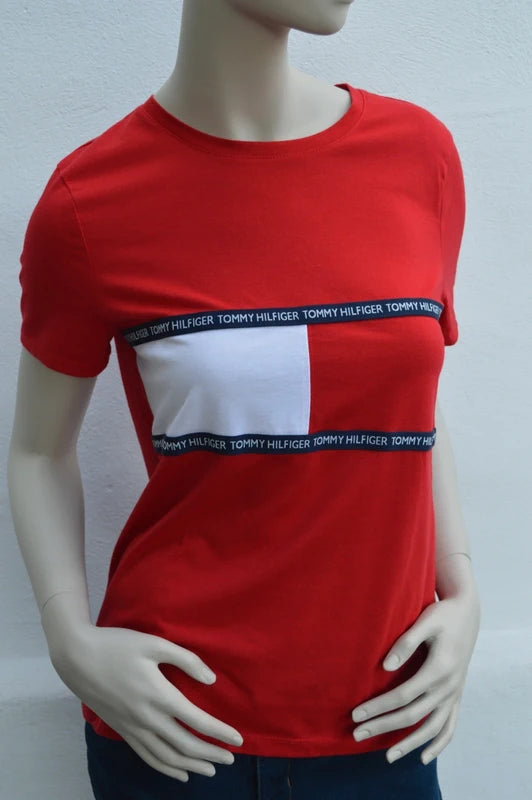 Tommy Hilfiger Damen Logo-Tape T-Shirt in Rot/Weiß – Gr. M