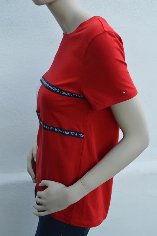 Tommy Hilfiger Damen Logo-Tape T-Shirt in Rot/Weiß – Gr. M