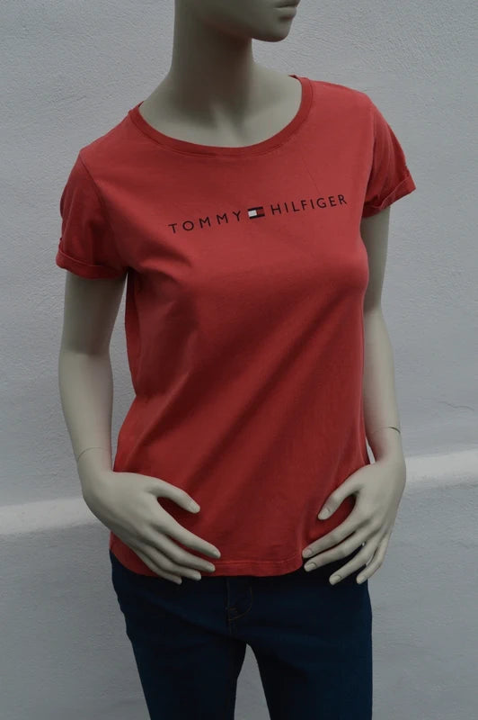 Tommy Hilfiger Damen Logo T-Shirt in Lachsrot/Koralle – Gr. M