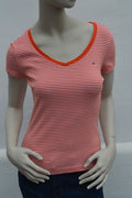 Tommy Hilfiger Damen V-Neck Streifen T-Shirt in Orange/Weiß – Gr. S