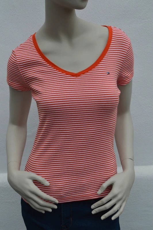 Tommy Hilfiger Damen V-Neck Streifen T-Shirt in Orange/Weiß – Gr. S