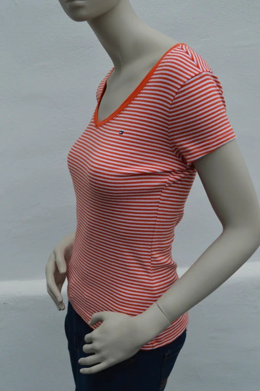 Tommy Hilfiger Damen V-Neck Streifen T-Shirt in Orange/Weiß – Gr. S