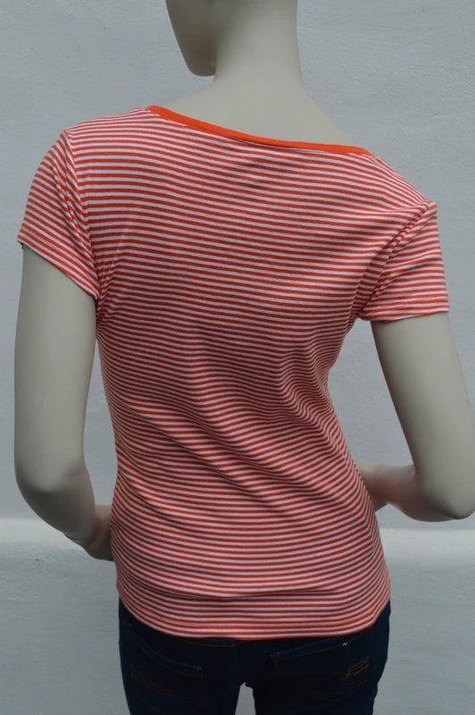 Tommy Hilfiger Damen V-Neck Streifen T-Shirt in Orange/Weiß – Gr. S