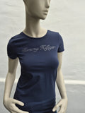 Tommy Hilfiger – Damen Stretch T-Shirt mit Strass-Schriftzug in Navy-Blau – Gr. S