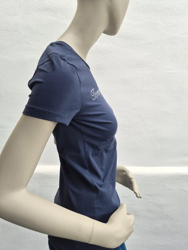 Tommy Hilfiger – Damen Stretch T-Shirt mit Strass-Schriftzug in Navy-Blau – Gr. S