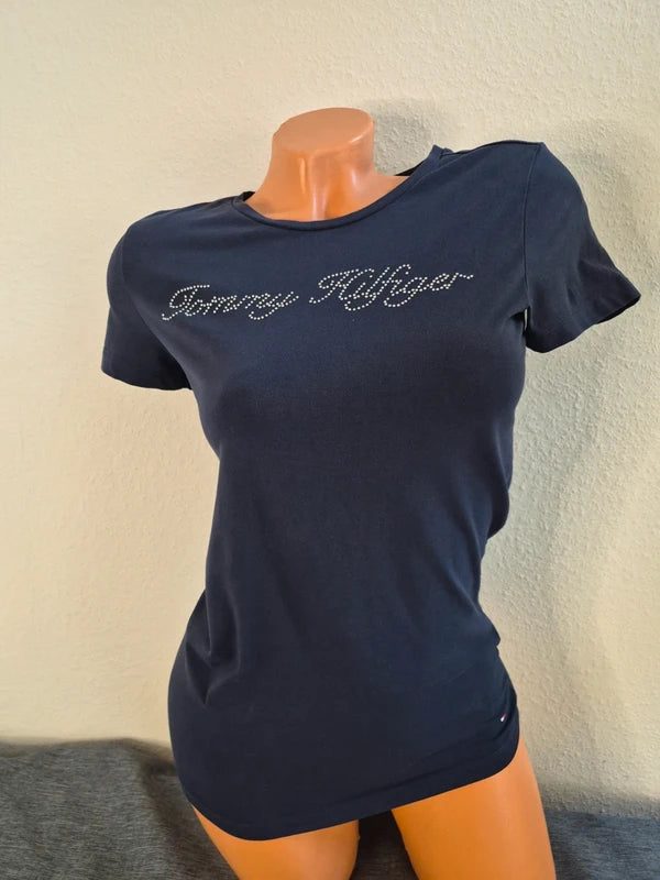 Tommy Hilfiger – Damen Stretch T-Shirt mit Strass-Schriftzug in Navy-Blau – Gr. S