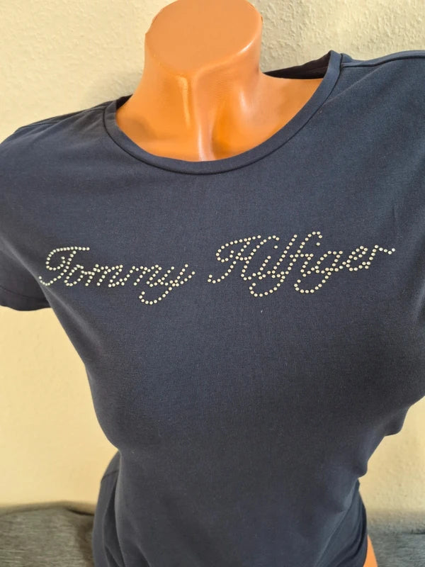 Tommy Hilfiger – Damen Stretch T-Shirt mit Strass-Schriftzug in Navy-Blau – Gr. S