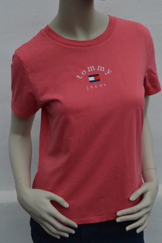 Tommy Jeans Damen Logo-Stick T-Shirt in LachsrotKoralle – Gr. M