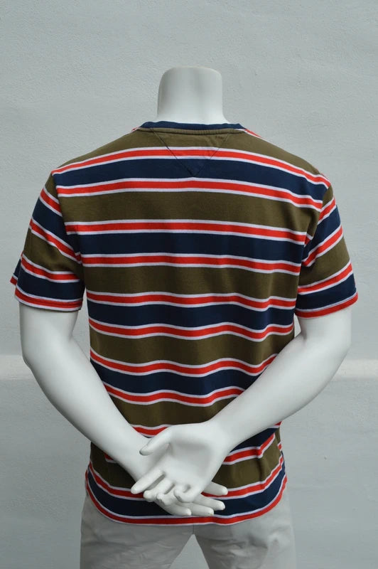 Tommy Jeans Herren Streifen-T-Shirt in Khaki/Navy/Rot – Gr. M (Relaxed Fit)