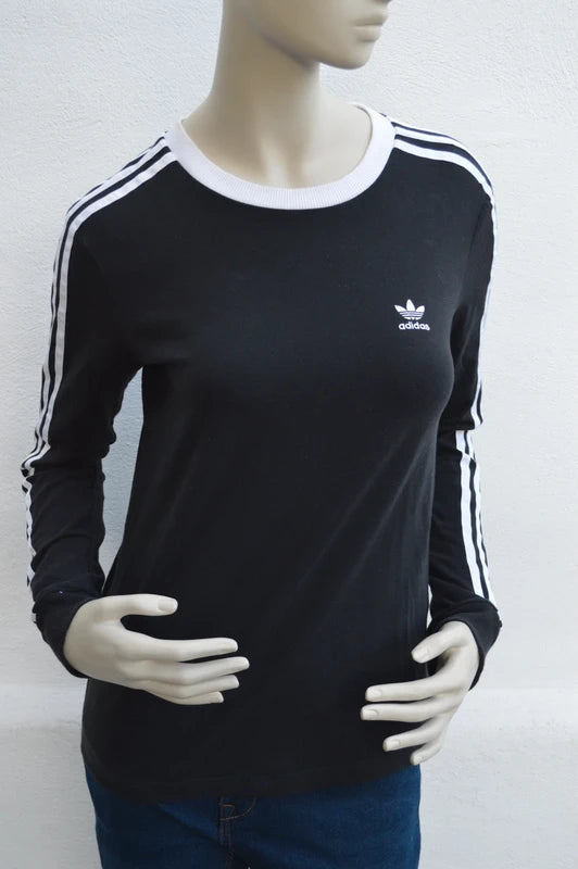 adidas Originals Damen 3-Stripes Long Sleeve Tee in Schwarz/Weiß – Gr. S