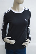 adidas Originals Damen 3-Stripes Long Sleeve Tee in Schwarz/Weiß – Gr. S