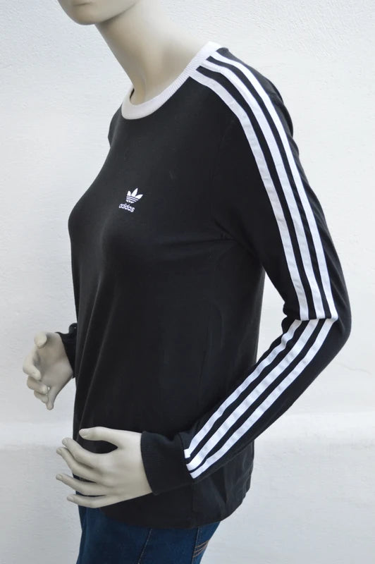 adidas Originals Damen 3-Stripes Long Sleeve Tee in Schwarz/Weiß – Gr. S